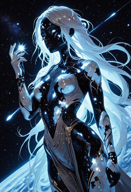 highres, very detailed, amazing quality, masterpiece,
very aesthetic, sp4ce-g0dd3ss
particle effect,
1girl, solo, beautiful eyes, goddess, goddes of constellations, black skin, sparkly skin, glitter on skin, iridescent hair, glowing hair, very long braids, strong face, solo, eyes with galaxies, cosmos eyes, Covered in Tattoos, geometric tattoos, white tattoos, small breasts, curvy, grey robe with pearlescent trim, 
BREAK, 
greek theme, goddess theme, universe theme, 
looking at hand, extends hand,  (planet in hand, miniature planet in hand), tough pose, foreshortening, dutch angle,
loving, content, tender, 
in cosmos, universe, endless stars around her, galaxies, comets, nebulae
