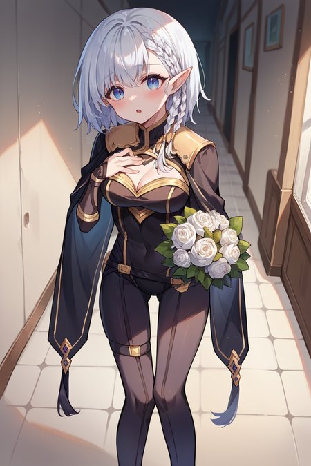 score_9, score_8_up, score_7_up, score_6_up, source_anime, 1girl, solo  <lora:beta-pdxl-nvwls-v1-000005:1> beta, white hair, braid, pointy ears, black cape, black bodysuit, black leggings, open mouth, blush, hand to own chest, holding bouquet, hallway, looking at you