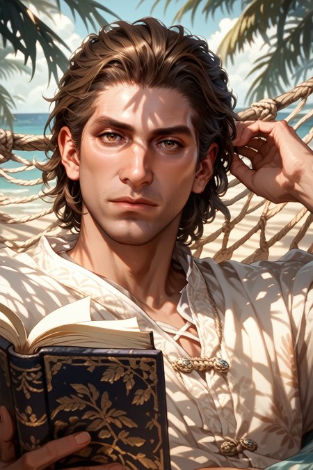 score_9, score_8_up, score_7_up, score_6_up
<lora:BGRaphael:0.9>
BGRaphael, 1boy, brown hair, brown eyes, looking at viewer, male model lying on a hammock between two palm trees, reading a book, dappled sunlight, beach in the background, gentle ocean breeze