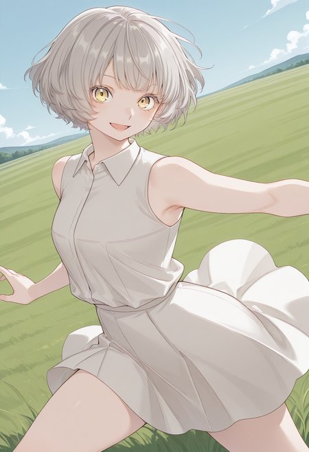 momoshiro_chiyoko, yellow eyes, grey hair, short hair, collared shirt, sleeveless, white skirt, <lora:momoshiro_chiyoko_illustrious_ver2:0.8> 
smile, open mouth, cowboy shot,, masterpiece, best quality, sensitive,, 1girl, solo, blue sky, (grasslands:1.2), looking at viewer,, (dynamic pose:1.4), (upside-down:-1),