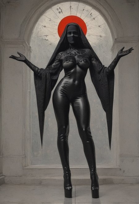 ((score_9, score_8_up, score_7_up)), (((character design, sci-fi warrior women, feminine power, perfect anatomy))), 
An enigmatic figure of a (satanic)nun(caucasian), her (dark habit_catsuit covers all her skin), conducting a sensual satanic ritual inside a dark cathedral during night under a red eclipse. Her (eyeless)mask, elaborate crown, (fully)conceals her identity, adding to her mystique and allure. gold stiletto platform thigh boots, big breasts, underboobs, tiny waist, flat abs, naughty, looking at viewer, seducing with her body, dancing towards viewer with her arms posing, sexy ass seductive wide hips, butt cheeks, twerk, huge perky breasts, in the style of a vintage, high-contrast setting. Emphasize theatrical elements with extreme opposition of bright colors against dark, moody backgrounds, under a dark red sky
,big butt, booty, bubble butt, black tape <lora:add-detail-xl:2>