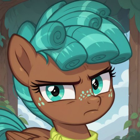 Score_9, score_8_up, score_7_,
$PUR, pony, brown body,  turquoise hair, multicolored hair, hair curls,  turquoise freckles,  turquoise eyes, bright vibrant yellow-green scarf, female, wings, pegasus
(((petite, skinny, large head))), annoyed
 my little pony, feral pony,solo, cute, looking at viewer, headshot