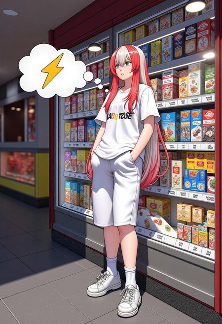 masterpiece, detailifier, source anime detail eyes, high resolution, high definition, 4k, great details, detailed, high detailed, girl with long white and red hair, white sports shirt and long sports shorts, white socks, old tennis shoes, would be looking at a display case which sells various products, these would have their price (randomly over 1000) and with a small yellow buzz symbol (yellow lightning), replacing the dollar symbol, the display case would be very well decorated and detailed, from the girl would come out a cloud that represents her thought which has an empty wallet and next to it a yellow buzz symbol (yellow lightning), hair simulating movement, detailed hair, detailed image