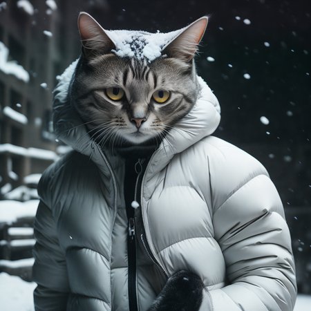 a cat wears a big puffy snow jacket, in the style of trendercore, moshe safdie, voluminous mass, award winning masterpiece photo, street style, ferrania p30, dark white, massurealism, swag, stylish