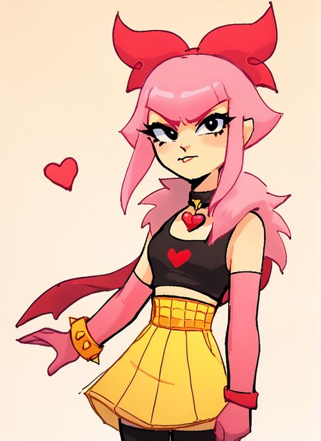 score_9, score_8_up, score_7_up,  <lora:bsmelodie:1>  bsmelodie  , fur trim ,  1girl, solo ,  pink hair,  hair bow  ,black collar ,neck heart  ,black shirt, crop top,  bare shoulders, elbow gloves, pink gloves, yellow bracelet , yellow skirt  , black thighhighs  ,  looking at viewer,  <lora:SyrupyyyArt:1>syrupyyy