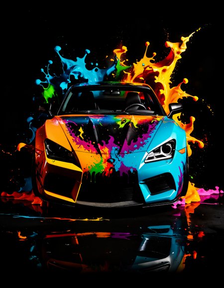 zavy-splsh, paint splash, graffiti style A sport car is surrounded by colorful paint, big fire, liquid wave, Layered style, curved design, black background . street art, vibrant, urban, detailed, tag, mural