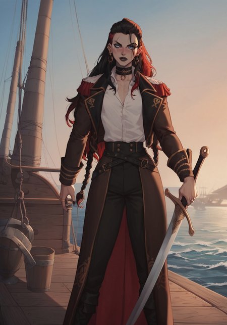 score_9, score_8_up, score_8. score_9, score_8_up, score_7_up, masterpiece, 4k, ExpressiveH, SimpleNegativeV3, OverallDetail, anime, 

dynamic lighting, cinematic lightning, outdoors, pirate ship, wooden ship, thick mast, sails, ocean, alone, solo, sword, cutlass, pirate sword, holding sword 

BREAK,

1boy Gilly, pirate, mature, 6 foot tall, femboy, standing, pale skin, scars, long black hair, straight black hair, very long hair, braids, red highlights, blue eyes, perfect eyes, thin lips, black lips, bratty, effortlessly cool, sassy, pointy black nails, petite, athletic, flat chest,

BREAK,

Choker, eyebrow piercing, gold rings, pirate rings, gold jewelry, red long coat, white opened shirt, white unbuttoned shirt, holding sword,