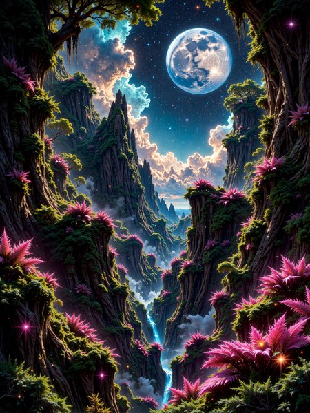 dense jungle, famous artwork, dramatic and epic landscape at night, ultra-high-resolution, 8k, 4k, dim lighting, science fiction fantasy alien landscape digital painting, an otherworldly jungle valley unfurls under a galactic night sky, vast and vibrant with impossible flora, the terrain dips into a narrow ravine lush with towering, ancient trees of twisted dark bark, their trunks draped in mats of bioluminescent moss, spore-laced vines, and delicate glowing herbs, their canopies rising like cathedral vaults into the starlit air, below, a dense forest floor pulses with strange life, where enormous fern-like fronds coil outward like spiraling sea creatures, and surreal, plant-like organisms bloom with translucent pods and fruits shaped like eyeballs, faintly glowing in pinks, greens, and purples, a slender, winding stream cuts through the valley floor, its surface catching the glow of distant nebulae above, casting dancing reflections onto slick rocks and alien roots, the sky above is dominated by a massive, swirling galactic nebula in colorful hues and two detailed, otherworldly moons, their craters stark and luminous against the heavens, shot from a slightly elevated perspective to capture the scale and curvature of the valley, revealing the streamâs winding course, the depth of alien vegetation, and the majesty of the sky, dramatic, high-contrast lighting highlights bioluminescent textures and shadowy undergrowth, with soft ambient glow from the nebula casting a surreal and mystical tone across the landscape, high-resolution matte painting style, with layered atmospheric perspective, deep color saturation, and fine brushwork, lemon yellow and light beige and deep violet and jet black and deep blue and deep teal, ovg, bo-bioluminescent, bioluminescent, artilands02, james webb space telescope, cosmology, spiral galaxy, galaxy, nircam, cosmic cliffs, carina nebula, star birth, rho ophiuchi, orion nebula, ngc 1672, ngc 3627, ngc 3351, ngc 1566, ngc 4254, ngc 3132, ngc 4303, ngc 5068, <lora:james_webb_space_telescope-flux-by_motimalu:0.48> <lora:style-fantastic_landscapes-v2-flux-by_artifyai:0.44> <lora:style-bioluminescent_dreams-flux-by_bo4rsworld:0.56>