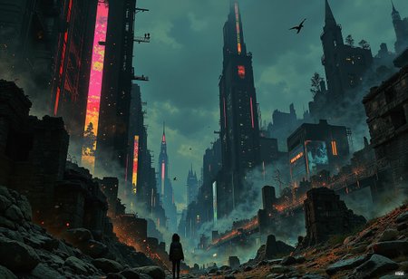 A seamless blend of decaying ruins and a vibrant cyberpunk city under a blue-grey sky, with a solitary skyscraper as the distant focal point. Foreground: jagged remains of old stone buildings, partially overgrown. Midground: a chaotic fusion of ruins and towering cyberpunk structures, some ruins integrated with holographic advertisements and neon signs. These signs predominantly glow in electric blue, hot pink, and toxic green. Background: the city recedes into the distance, culminating in a lone tall building piercing the sky. Overcast blue-grey sky overhead. The atmosphere is a mix of old-world decay and futuristic vibrancy. The primary light is a diffused, cold light from the sky, contrasted sharply by the vivid neon lights. The ruins cast long, dark shadows; the cyberpunk elements glow and reflect light. Color palette emphasizes blues and grays, highlighted by intense splashes of electric blue, pink and green from neon. Detailed and realistic style capturing both decay and technological advancements. The ruins act as leading lines towards the central skyscraper. Time: evening or night.  
. m0d3rn1mpr