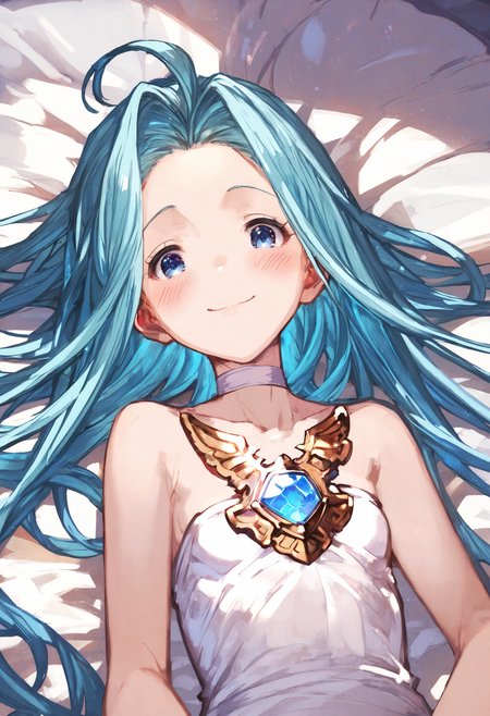 nsfw, score_9, score_8_up, score_7_up,score_6_up, source_anime, best quality, aesthetic, absurdres, (artistic photograph, highly detailed:1.1), (kyoani:1.1),
on bed, on back,  POV,
1girl, solo, smile, blush, (clear eyes:1.2), looking at viewer, embarrassed,
Lyria (Granblue Fantasy), long hair, blue hair, (skinny:1.2), small breasts, white choker, blue gem, white cami-dress, bare shoulders, strapless, (miniskirt:1.2),
(clear eyes:1.1), <lora:Lyria-Pony:0.8>  <lora:IshikePony:0.3>