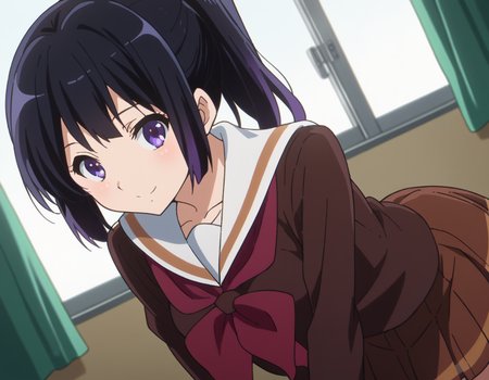 score_9, score_8_up, score_7_up, source_anime,
reinakousaka, <lora:reina-kousaka-ponyxl-lora-nochekaiser:1>,
reina kousaka, long hair, bangs, black hair, purple eyes,
ponytail, skirt, shirt, long sleeves, school uniform, pleated skirt, serafuku, neckerchief, brown skirt, white sailor collar, brown shirt, kitauji high school uniform, red neckerchief,
indoors, classroom, bent over, smile,
looking at viewer, cowboy shot, dutch angle,