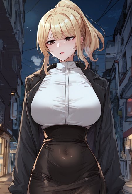 score_9, score_8_up, score_7_up, score_6_up, source_anime, rating_explicit, 1girl, solo, huge breasts,<lora:Park Dayoung prefectPonyxl:0.75> blonde hair, mole under mouth, brown eyes, medium hair, ponytail, sidelocks, black jacket, long sleeves, white shirt, high-waist skirt, covered navel, black skirt, pencil skirt, miniskirt, sad, parted lips, Narrow shoulders, heavy breathing, steaming body, night, street, outdoors, looking down