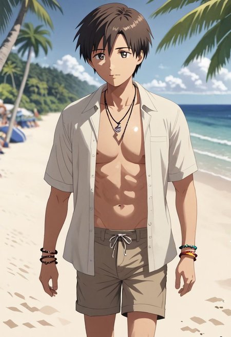high resolution, solo, best quality, 1Boy, Takaki Toono, Brownish Hair, Brown Eyes, shallow depth of field, beach, open shirt, shorts, sixpack, necklace, bracelet, coconut tree, OverallDetail