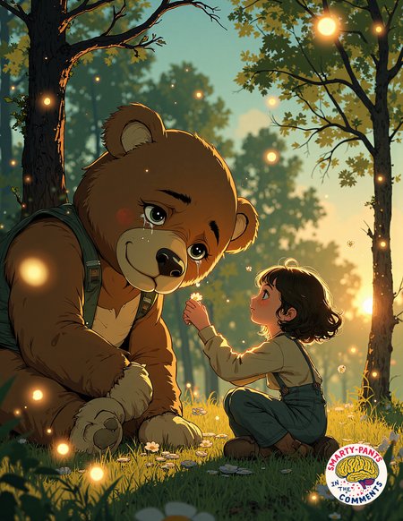 In a softly lit, dreamlike park at twilight, a young child kneels beside a weeping, oversized stuffed bear with button eyes. The bear, visibly distressed, has lost one of its button eyes, which now lies on the ground. The child, with a gentle expression, carefully sews a new button in place, their hands glowing faintly as if their kindness itself has a magical effect. The moment the repair is complete, the bear springs to life, radiating warmth and joy. Fireflies swirl around them, illuminating the grass in golden hues. The art style is anime with a fantasy touch, using soft pastel colors and delicate lighting to emphasize the warmth of kindness.