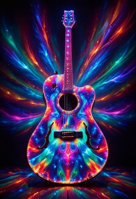 An epic photo of a a (kaleidoglass:1.3) guitar, masterpiece, best quality, highly detailed, sharp focus, dynamic lighting, flux-style, morph-aurora,