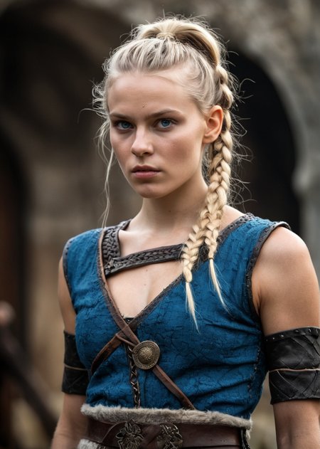 hyperrealistic, glamorous photo, masterpiece, dramatic angle, best quality,
Viking, porunn from the TV series Vikings, Gaia Weiss, 25yo, blonde hair, long hair, sidecut hair, small braided pigtails, blue eyes, slim, large breasts, scar on the face,, dirty skin, detailed outfit, warrior pose, detailed background from the Viking TV series, high fashion, luxurious, extravagant, stylish, sensual, opulent, elegance,
professional, high contrast, bright colors, best lighting, intricate details, (high quality texture), (sharp), (artistic image), 8K, detailed, dynamic, depth of field,