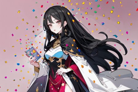 highly insanely detailed, masterpiece, top quality, best quality, highres, 4k, 8k, RAW photo, (very aesthetic, beautiful and aesthetic),  
beth_\(megami_tensei\),bethsmtii,shin megami tensei ii,long hair,black hair,straight hair,sleek black,jewelry,cross,headband,red_lipstick,white cape,cape_with_messian_symbol,Religious_cape,messian_symbol_cape,holy_knight_cape, 
<lora:zs_Beth:0.3>, 
(1girl:1.3), 1other, 
a colorful background,(colored confetti background:1.4),âââ