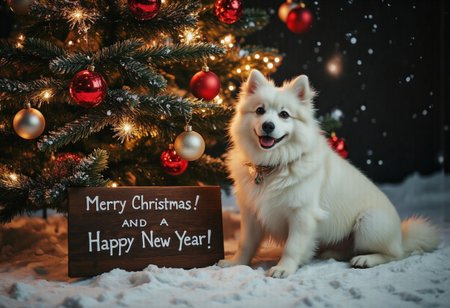 A white fluffy dog by a christmas tree, with a sign saying "Merry Christmas! And a Happy New year! Fireworks", night, snow