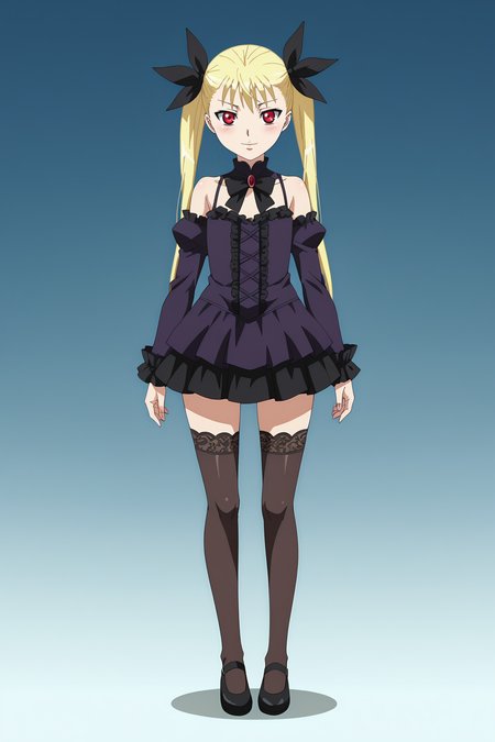 score_9, score_8_up, score_7_up, source anime, prefect lighting, very aesthetic, BREAK, anime screencap, anime coloring,
<lora:mina_tepes_v1:1>, 1girl, mina tepes, dance in the vampire bund, blonde hair, red eyes, flat chest, hair ribbon, twintails, gothic, dress, 
BREAK, looking at viewer, seductive smile, blush, wide hips, full body, 
BREAK,