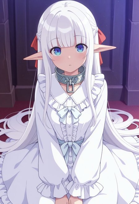 masterpiece,best quality,amazing quality, nephelia, long hair, pointy ears, elf, white hair, blue eyes, 1girl, solo, dress, white dress, frills, ribbon, blunt bangs, very long hair, long sleeves, collar, hair ribbon, looking at viewer
