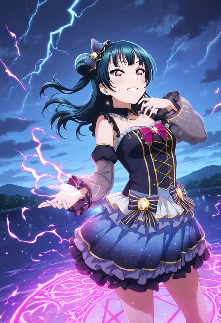 masterpiece, best quality, solo, 1girl, aged up, happy, 
 yoshiko_tsushima, tsushima_yoshiko, long hair, bangs, blue hair, pink eyes, single side bun, storm-themed idol outfit, dark gradient dress with cloud and lightning patterns, sheer sleeves, jewel accents, swirling wind and rain stage effects, stormy sky backdrop, glowing summoning circle, powerful stance, channeling the "fallen angel" within