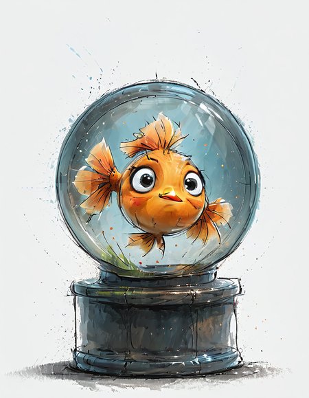 impactful color paint of cute drawing of a goldfish in a round aquarium,
highly detailed, sharp, professional, clear, high contrast, crystal clear, 4k, uhd, masterpiece