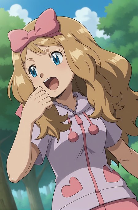 score_9, score_8_up, score_7_up, source anime, anime, animification, anime screencap, anime coloring, vivid colors, shiny skin, skindentation, deep skin, depth of field, high quality, highres, (dynamic angle,dynamic pose),
serenapajamas, 1girl, solo, long hair, smile, open mouth, blue eyes, half-closed eyes,blonde hair, bow, upper body, short sleeves, yawning, hair bow, outdoors, sky, tongue, cloud, hand up, hood, tree, eyelashes, pink bow, anime coloring, serena \(pokemon\)
BREAK
masterpiece,high quality
 <lora:Serena_Pajamas_XL:0.9>