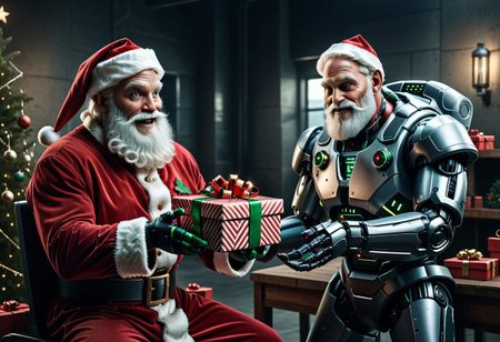 raw photo,cinematic shot,professional photography,a cybermutant santa claus giving a present to a robot elf
