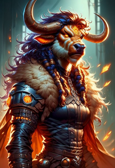 score_9, score_8_up, score_7_up, a tauren shaman, leather clothing, Flashfire glowing runes