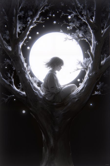 This is a digital drawing with a high-contrast, black-and-white aesthetic, featuring a child sitting on a tree branch. The child, who appears to be a young girl, is centrally positioned in the image. She is facing away from the viewer, with her back towards the camera, she is wearing a long-sleeved shirt and pants. The tree branch she is sitting on is thick and sturdy, and it curves slightly, forming a natural seat. 
The background is dominated by a large, circular light source, which creates a halo effect around the child, casting her in silhouette. This light source is surrounded by numerous small, white orbs, giving the impression of stars or fireflies in the night sky. The branches of the tree extend upwards and outwards, creating a natural frame for the scene. The texture of the tree bark is rough and detailed, contrasting with the smooth, almost ethereal quality of the light source.
 serene and dreamlike, with a strong emphasis on light and shadow.
