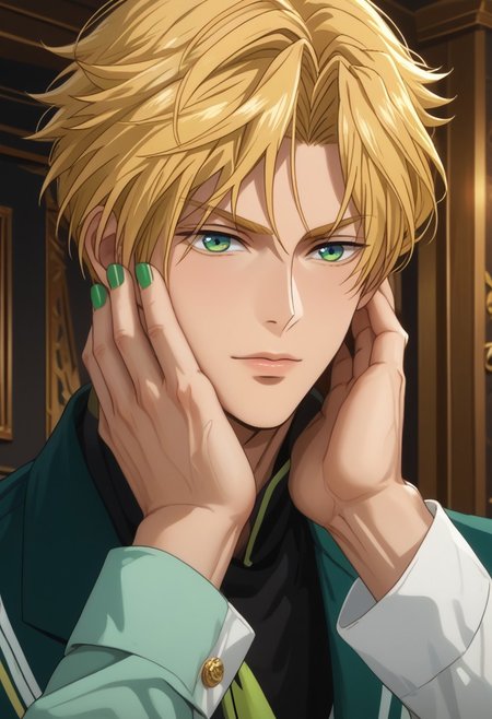 score_9, score_8_up, score_7_up, source_anime, rating_safe, Satobey, 1boy, male focus, anime screencap, green fingernails, hands with five fingers, touching own face,