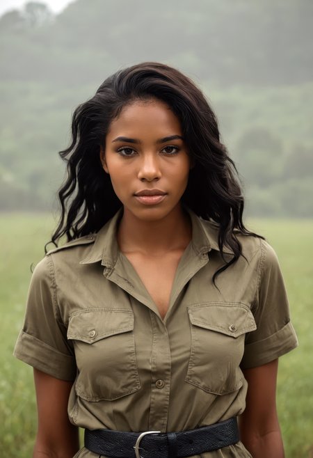 sdxl_lenruadi,  cinematic photograph photo , wearing a khaki safari shirt with a belted waist, eyeliner, makeup, perfect goddess loc hair, in morning mist, romantic countryside styling with flowing garments and nostalgic atmosphere