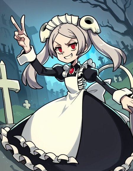 score_9, score_8_up, score_7_up, source_anime, <lora:skullgirls-marie-ingame-ponyxl-lora-nochekaiser:1>, marie, hair ornament, red eyes, twintails, skull, skull hair ornament, grey hair, forehead,, apron, maid, maid headdress, long sleeves, wrist cuffs,, graveyard, tombstones, dark, trees, eerie, smile, v, v over mouth, smug,, looking at viewer, solo,, dutch angle, cowboy shot