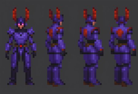 "16-bit style pixel art sprite sheet of a humanoid bug alien with dark purple armor segments, black underlying.
The character has large red, compound-like eyes, two antennae, and smooth, rounded armor on shoulders, chest, and forearms.
He wears a utility belt with a central red gem. Boots and gloves are sturdy, and purple
create multiple poses for idle, walk, run, jump, and attack. Keep details crisp and colors vibrant, suitable for a retro game.
Pixel Art, PixArFK, charturnerv2, osamushou, snes style, Rockmegamen