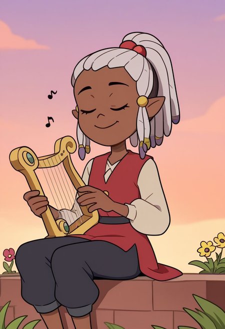 <lora:skara_v1c_IL:0.8> skara (the owl house), dreadlocks, side locks, hair bobbles, 1girl, solo, smile, sitting, closed eyes, ponytail, white hair, pointy ears, dark skin, red vest, beige long sleeves, black pants, dark-skinned female, instrument, musical note, music, harp, outdoors, sky, flower, source_cartoon,