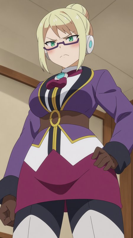 score_9, score_8_up, score_7_up,anime_source, source_anime, best background, detailed background, anime screencap  Android Sonya, Main Outfit, solo, from below, indoors, tsundere, blush,  <lora:JN_Android_Sonya_Pony:0.8>