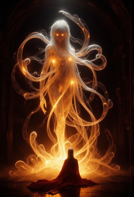An ethereal, glowing, ghostly, otherworldly presence of a woman like creature, with glowing silver strands of metallic hair, softly glowing in a dimly lit room. She has no skin, she is made up of ethereal tendrils of smoke, glowing plasma, light and mist that undulating and shifts, as if she exists between worlds, with soft, shimmering edges blending into the shadows. Her eyes are deep and luminous orbs, filled with warmth and mystery, as she gazes directly at you, her lips curved in something resembling a gentle, knowing smile. She is wrapped in a glowing, linen shroud. The room is bathed in a soft, mystical glow, with faint, swirling patterns of ethereal light surrounding her, adding to her supernatural allure. Floating through space. There is also a small woman in the room, with dark hair and dressed in a flowing red robe, looking up at the larger than life ethereal creature and basking in her glow.