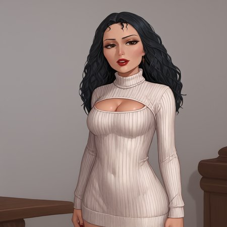 <lora:mothergothel_pony_v1:.8>mothergothel, 1girl,  solo, makeup, long hair, black hair, lipstick, red lipstick, long sleeves, large breasts, fingernails, dark skin, cowboy shot, <lora:open-chest-sweater-ponyxl-lora-nochekaiser:1> open-chest sweater, ribbed sweater, cleavage cutout, meme attire, clothing cutout, turtleneck, sweater dress, cleavage, clothes tug, sweater pull, cleavage reach,