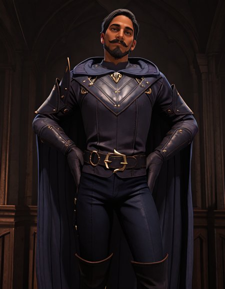 cinematic_depth, 8k, soft_lighting, warm_glow, ultra_high_quality, masterpiece, best quality, newest, perfect quality, best quality, detailed background, intricate details, male focus, solo, realistic, <lora:Dragon Age Veilguard - Viago de Riva - Illustrious 2_1-000006:0.7>, dav_viago, 1boy, mature male, black hair, short hair, dark skin, beard, mustache, blue eyes, leather armor, hooded cloak, single pauldron, leather belt, leather gloves, leather pants, leather boots, indoors, looking at viewer, hands on hips, looking at viewer, head tilt