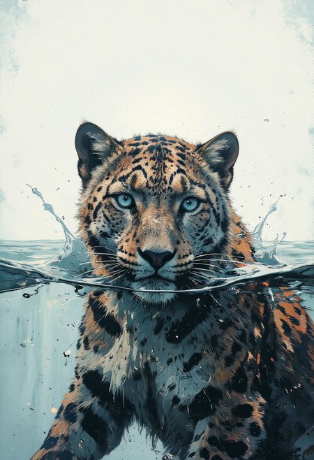 A majestic snow leopard with piercing icy blue eyes partially submerged in crystal-clear water, with only its head visible above the surface. The water gently ripples around its face, creating a soft splash effect. The leopard's fur is wet and slightly matted, glistening under a soft, bright light that creates a high-contrast, minimalist look. The background is clean and light, almost white, with a faint gradient to emphasize the serene, cold atmosphere