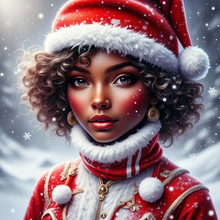 Contrail, mosaic, Fantasy realism, Storybook Illustration, double exposure, delicate detailed inspired by [Artgerm, Brian M  Viveros, Esao Andrews], red | white stripes, sharp focus, triadic colors, gorgeous african american girl, dark black curly hair, peachy lips, snow suit, red santa hat, small snowflakes , dynamic pose, luminism, magic light rings, bioluminescence, 32k