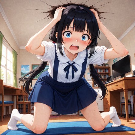masterpiece, best quality, high quality, highres, absurdres, insanely detailed, amazing quality, very aesthetic, newest,  Anime screencap, zPDXL3, sfw,
<lora:Hyper-SDXL-8steps-lora:1>, <lora:StS-Illustrious-Detail-Slider-v1.0:3>, <lora:illustriousXL_stabilizer_v1.7:0.8>,
1girl, solo, black hair, bangs, Straight bangs, blunt bangs, hime cut, long hair, straight hair, low twintails, long pigtails, hair tie,
dress, blue dress, white blouse, neck ribbon, bule ribbon, suspenders, suspender skirt, white socks,
indoor, Messy bedroom, messy room, bed, monitor, table, bookshelf, window, curtain, carpet, desk, chair, wooden floor, illumination,
open mouth,embarrassed,blush,wide-eyed, angry,raised eyebrows, perplexed, sweat, perspired, heavy breathing, pain, tears, cry, crying,
<lora:GiantessCrampedIllustrious-V1:1>head against ceiling, cracks, cracked ceiling, dynamic angle,
all fours, crawling, bent over, leaning forward, grab head,