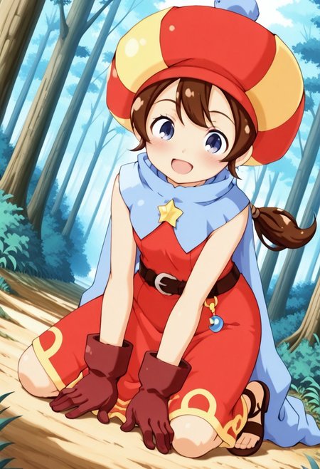 masterpiece,anime_coloring,anime_clothing,amazing_quality, Tokia_DMO, 1girl, gloves, brown hair, ponytail,red yellow hat, star \(symbol\), cape, sleeveless,red dress, long dress,belt,dress skirt,sandals,forest,dynamic angle,open mouth,smile,blush,kneeling close-up face,