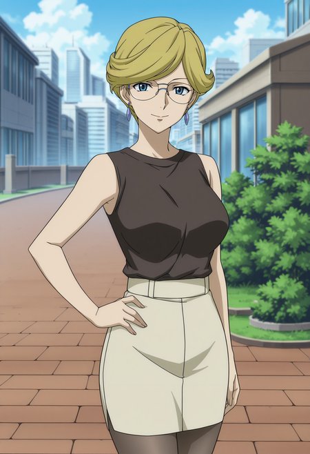 1girl,solo,mm,mature female,blonde hair,glasses,earrings,short hair,blue eyes,anime coloring,
,sleeveless, pencil skirt, shirt,pantyhose, cowboy shot, looking at viewer, hand on own hip, smile,outdoors
,masterpiece,best quality,amazing quality,<lora:Mother_Halevy-Mobile_Suit_Gundam_00:0.8>