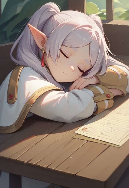 score_9, score_8_up, score_7_up, head rest arm rest, 1girl, sleeping, table
<lora:head_rest_arm_rest_pony_1:1>
BREAK
score_9_up score_8_up score_7_up, nereirfpnxl, frieren, pointy ears, twintails, earrings, elf, parted bangs, white hair, white capelet, capelet, long sleeves
<lora:others_frieren_nereirfpnxl_pony_v2:1>