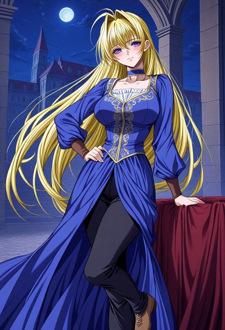 masterpiece, best quality, newest, highres, uncensored, 1girl, yokota mamoru style,1girl, slender face，motion lines,blush
Cecilia Game,Ahoge Hair, Blonde Hair, Waist Length Hair,Long Hair,Violet Eyes,Large Eyes,Choker,Slim,wearing black pants,
lavish Ottoman palace,standing,medieval dress，deep velvet ，gold embroidery，one leg slightly bent，hand  resting on hip，medieval shoes，palace architecture，night,cloud,moon