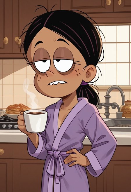 score_9, score_8_up, score_7_up, score_6_up, 1girl,solo,best quality,4k,
dark tan skin, black hair, hair down, messy hair, freckles on her cheeks, two buck teeth,show accurate, perfect anatomy, four fingers,
 indoors, kitchen background, show accurate, perfect anatomy, perfect hands, wear only purple bathrobe, loose clothes, one hand holding cup of coffee, one hand on hip, perfect hands, bags under eyes, sleepy eyes, loose clothes, eyes half close, small breast,