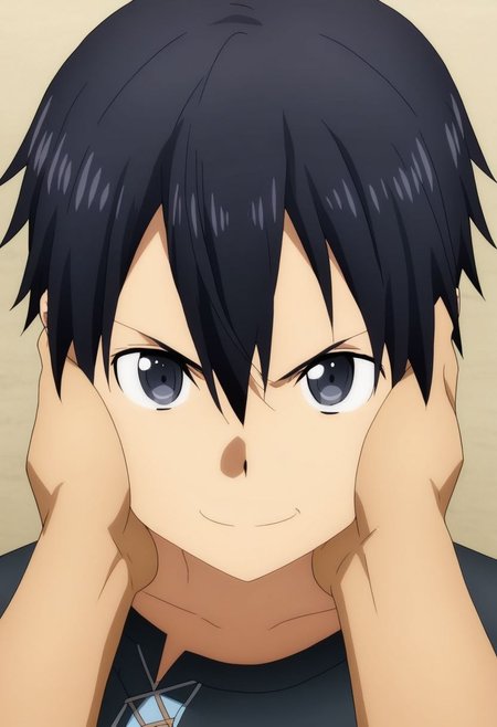 high resolution, professional photography, best quality, 1Boy, Kazuto Kirigaya, Black Hair, Black Eyes, dark t-shirt, looking at viewer, focused gaze forward, plain background, straight body, head upright, angry, smile, OverallDetail