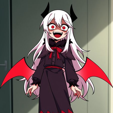 masterpiece, best quality, amazing quality, anime screencap, 1girl, solo, standing, cowboy shot, looking at viewer, constricted pupils, crazy smile, open mouth, laughing, shaded face, glowing eyes, <lora:VareltFNF:0.9>, VareltFNF, white hair, long hair, red eyes, black horns, neck ribbon, red ribbon, red demon wings, long fingernails, red fingernails, black dress, long dress, black skirt, black boots,