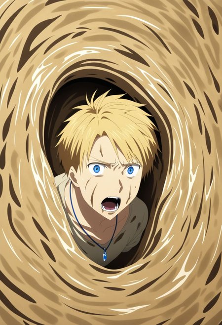 high resolution, solo, best quality, 1Boy, Yamato Ishida, Blond Hair, Blue Eyes, Necklace, panic, trapped, quicksand, dying, OverallDetail